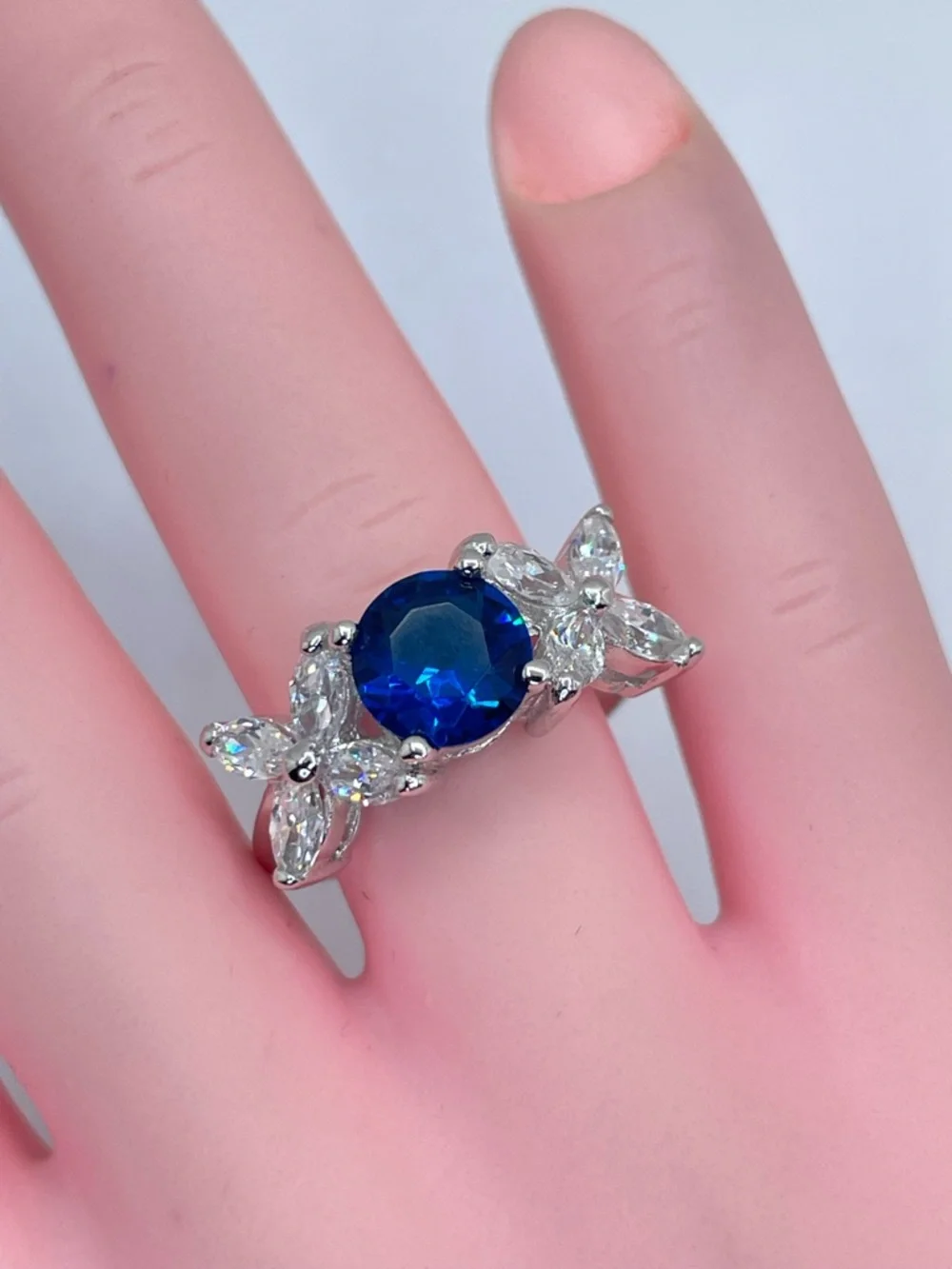 Sapphire Blue Diamond White Swarovski Crystal Elements Floral Ring Silver Sz 7